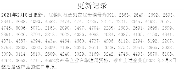 水产品企业被撤销在华注册资格