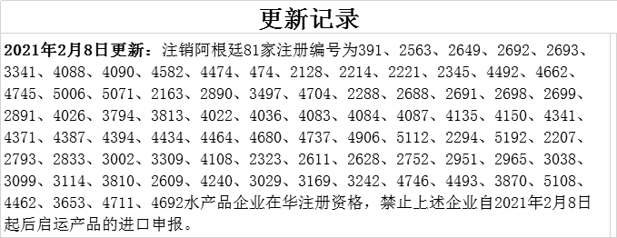 水产品企业被撤销在华注册资格